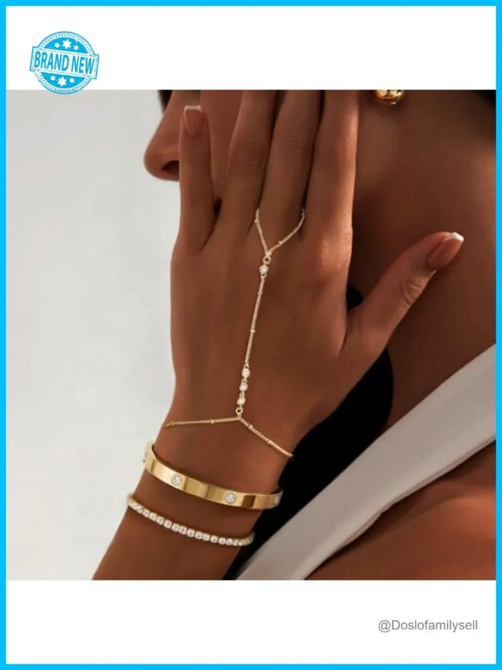14K Gold Plated Dainty Stackable Hand Chain Bracelet Set with Cubic Zirconia
